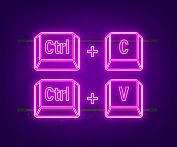 ilustrații de stoc cu ctrl c și ctrl v tastatura computerului butoane neon. interfață desktop. pictogramă web. ilustrație stoc vectorială. - lipici