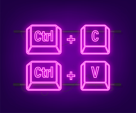 Ctrl C and Ctrl V computer keyboard neon buttons. Desktop interface. Web icon. Vector stock illustration