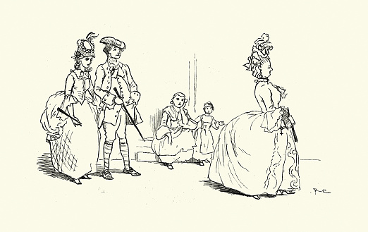 Vintage illustration of Scene from An Elegy on the Glory of Her Sex, Mrs. Mary Blaize by Oliver Goldsmith, Illustrated by Randolph Caldecott.