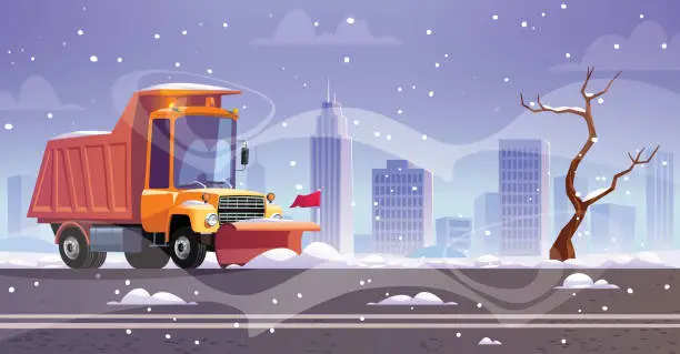 Vector illustration of Snow plow truck cleaning on winter road