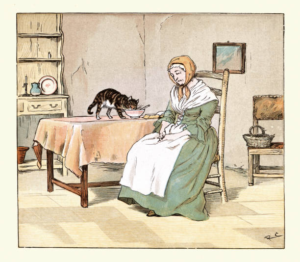 пожилая женщина наедине со своей кошкой, одиночество в старости, иллюстрация рэндольфа калдекотта - randolph caldecott stock illustrations