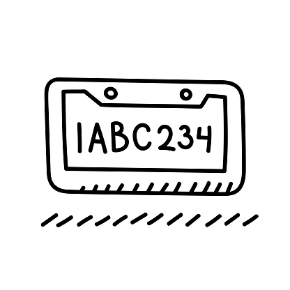 Vector illustration of a hand drawn, black and white license plate against a white background.