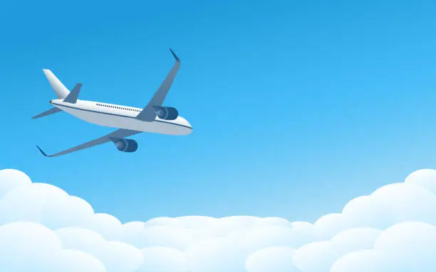 Vector illustration of Commercial jet airplane flying above clouds with blue background - Vector Illustration