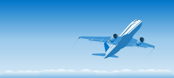 ilustraciones, imágenes clip art, dibujos animados e iconos de stock de avión a reacción comercial ascendiendo con fondo azul - ilustración vectorial - global business taking off commercial airplane flying