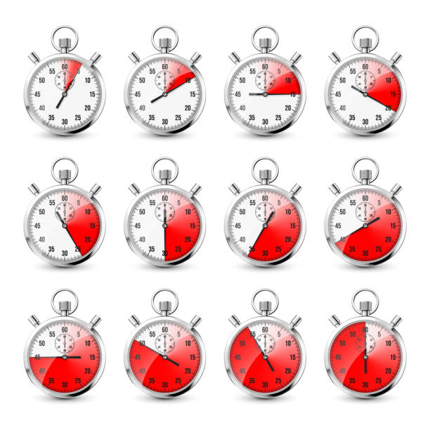 istock Realistic classic stopwatch icons. Shiny metal chronometer, time counter with dial. Red countdown timer showing minutes and seconds. Time measurement for sport, start and finish. Vector illustration 1366841155