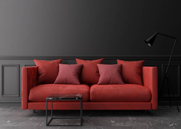 istock Empty black wall in modern living room. Mock up interior in classic style. Free space, copy space for your picture, text, or another design. Red sofa, marble coffee table, lamp. 3D rendering. 1366841988