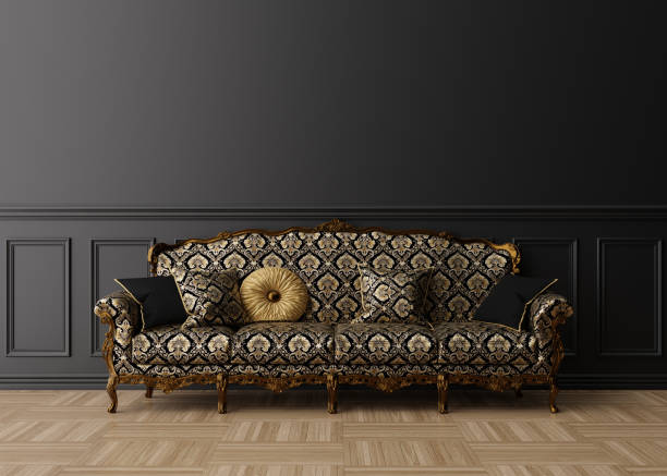 istock Empty black wall in classic living room. Mock up interior. Free space, copy space for your picture, text, or another design. Beautiful antique, vintage sofa, brown parquet floor. 3D rendering. 1366841990