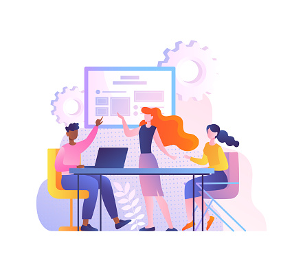 Concept of workplace culture. Girl shows her colleagues on information board. Employees sitting at laptop. Scenes from office, analytical department, brainstorm. Cartoon flat vector illustration