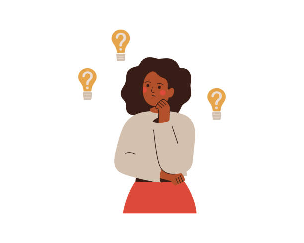 ilustrações de stock, clip art, desenhos animados e ícones de the thoughtful female makes the decision and chooses an idea. black businesswoman looks at light bulbs with question marks. - raised eyebrows illustrations