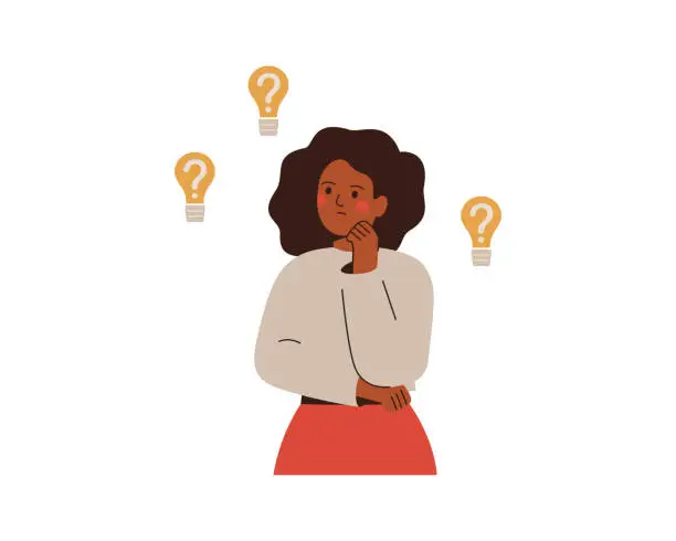 Vector illustration of The thoughtful female makes the decision and chooses an idea. Black businesswoman looks at light bulbs with question marks.