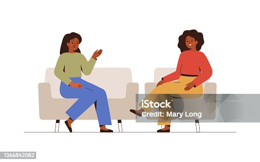 istock Two women sit on the couches and  talk about something.  Female host listening to her guest story-telling. Psychotherapist has a session with her patient.  Business interview and Conversation concept. 1366842082