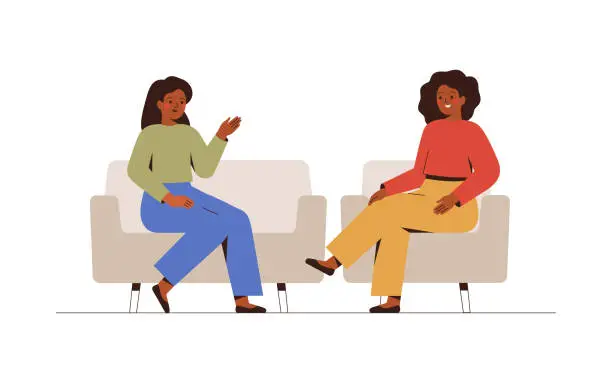 Vector illustration of Two women sit on the couches and  talk about something.  Female host listening to her guest story-telling. Psychotherapist has a session with her patient.  Business interview and Conversation concept.