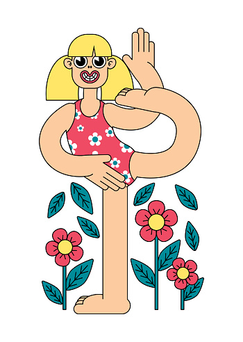 A young woman practices yoga among flowers and leaves. Image of a smiling woman in a difficult asana on a white background. Vector illustration with retro cartoon design.