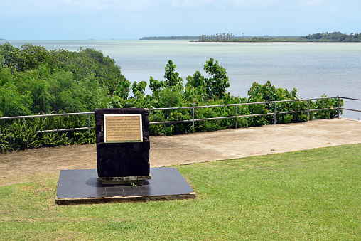 Tatakamotonga, Tongatapu island, Tonga: Captain Cook's landing place - plaque marking the historic site, where the great navigator came ashore, where once a great banyan tree stood - Fanga'uta Lagoon.