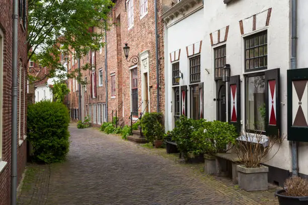 Street in the old medieval center of the Dutch medium-sized historic city of Amersfoort in the Netherlands.