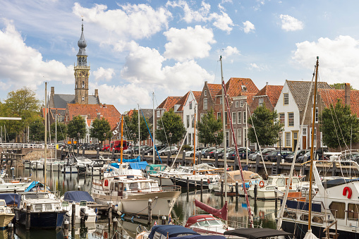 The cozy marina in the picturesque town of Veere in Zeeland in the Netherlands.