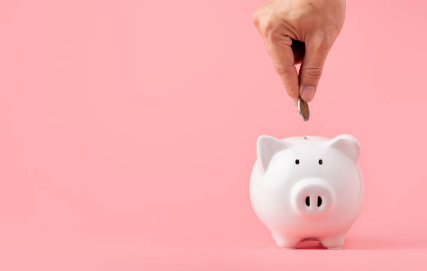 Money saving and investment concept. Hand putting coin to piggy bank on pink background with copy space stock photo