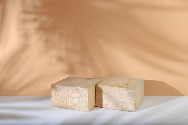 istock Abstract background with natural wooden podiums and long shadows on a pastel wall, an empty showcase for cosmetic products demonstration or presentation, 1366848074