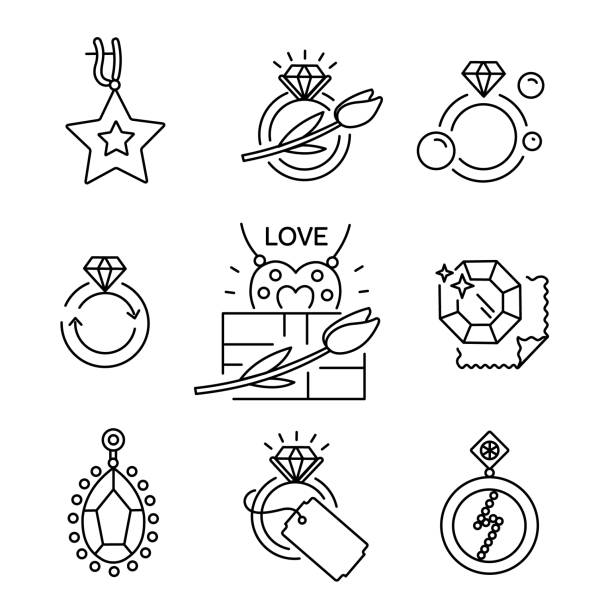 ilustrações de stock, clip art, desenhos animados e ícones de jewelry icons, jewelry theme, jewelry store, infographics. repair, sparkle. vector outline illustration - ringside