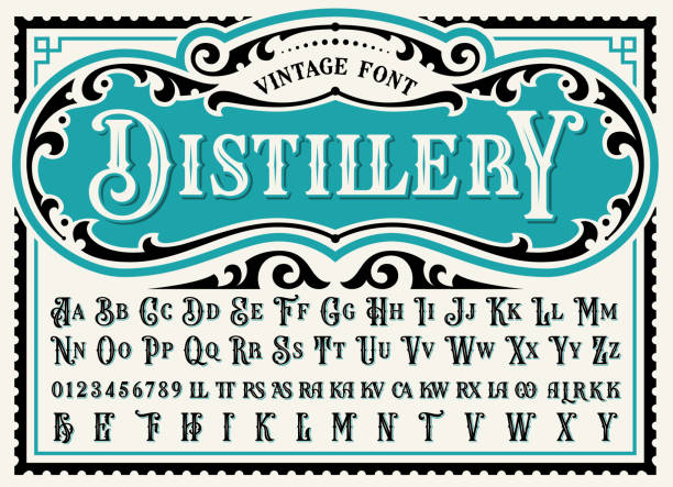 ilustraciones, imágenes clip art, dibujos animados e iconos de stock de fuente de pantalla vintage - whisky