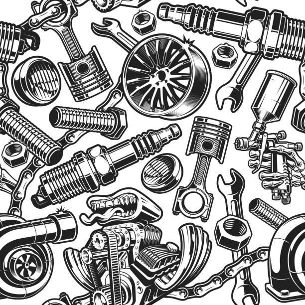 Hot rod seamless pattern Hot rod seamless pattern, this background can be used as wallpapers for a garage, car service or as a fabric print car service wallpaper stock illustrations