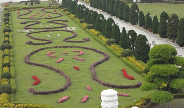 Decorated garden with colored flowers