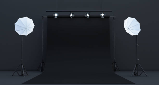 istock black Photography studio, photo studio with lighting equipment 1366851329