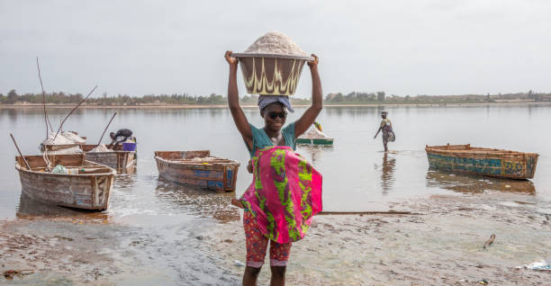 Senegal, West Africa - June 28, 2019: Woman carrying on her head the salt extracted from the Pink Lake