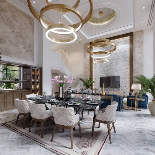 istock Huge modern dining area with large windows and high ceilings with seating and TV area with large designer table and chairs. 1366851610