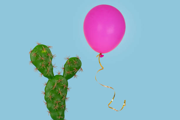 istock Cactus plant with above it floating a pink balloon on a bright blue background. Creative minimal concept. 1366852608