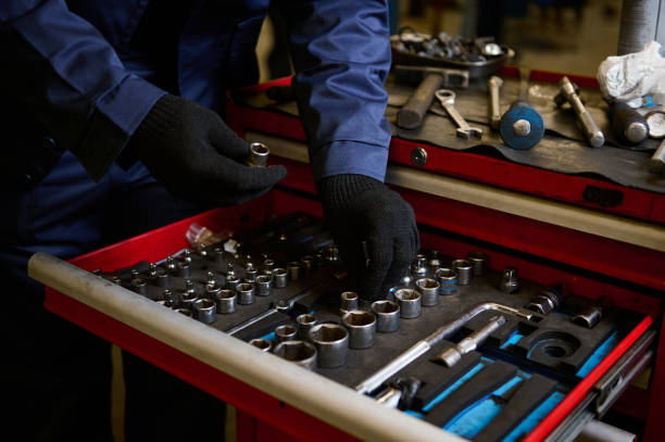 istock Close-up of a set of torx for socket spanner and hand tools and wrenches in box. Garage painting car service. Tool to repair the car or replace automotive spare parts, auto parts. Dirty tool service 1366854174