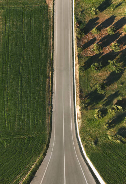 luftaufnahme einer kurvenreichen straße mit olivenbäumen - curve driving winding road landscape stock-fotos und bilder