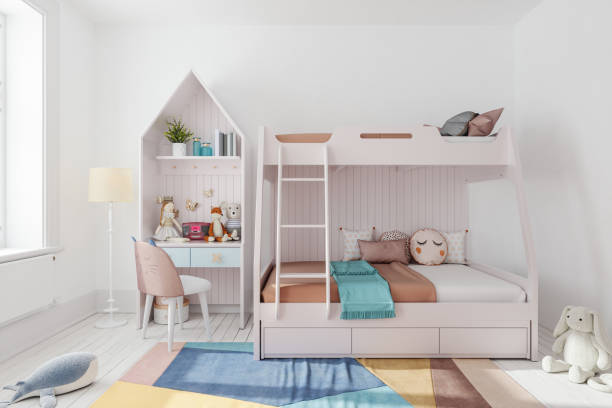 Children's Room Pastel colored Scandinavian style children's room with bunk bed, toys and furniture. pink bed stock pictures, royalty-free photos & images