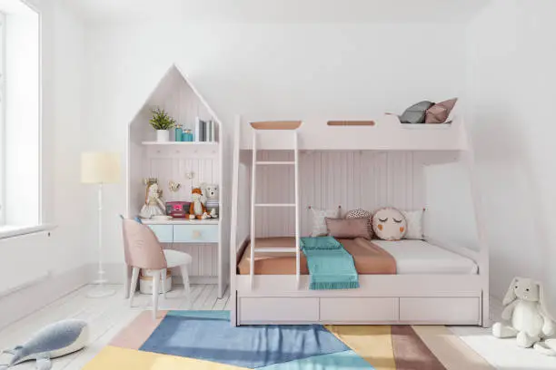 Pastel colored Scandinavian style children's room with bunk bed, toys and furniture.