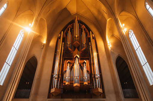 View of pipe organ of Hallgrímskirkja in Reykjavik in Iceland