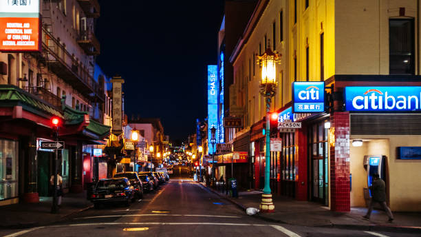 San Francisco, California, USA - Busy street by night in Chinatown district