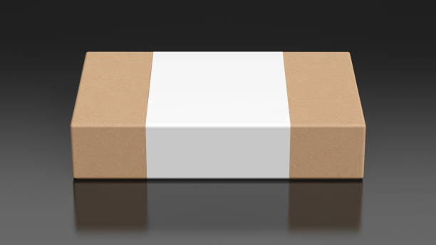 istock Flat box mock up with blank paper cover label: cardboard gift box on black background. 1366865354