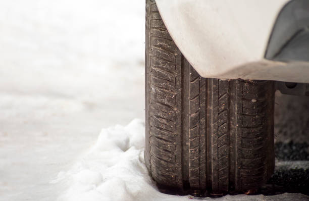 Car and tire pattern on snowy ground. close-up car tire.