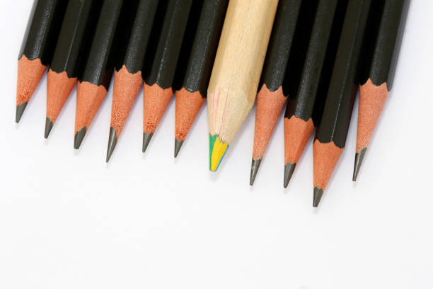 Multicolored pencil  in a group of black pencils Multicolored thick pencil amid group of fine and black pencils aligned, characterizing difference and diversity diversidade stock pictures, royalty-free photos & images