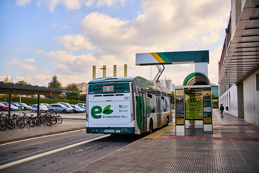 Pamplona, Navarra april 17 2021, Electric bus charging at the facilities of the Public University of Pamplona . High quality photo