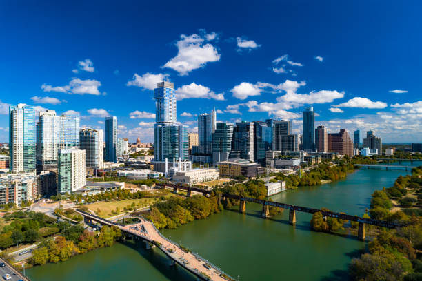 istock Austin Downtown Skyline Aerial View With Lake And Blue Sky 1366870381