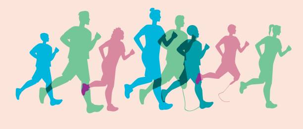 istock Inclusive running, people running, silhouette vector stock illustration with person with prosthesis, sport competition, jogging as an activity, sprint or marathon 1366871674
