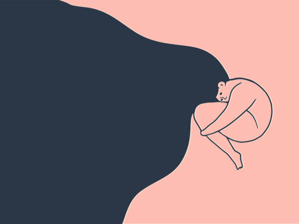 ilustrações de stock, clip art, desenhos animados e ícones de depressed woman with flying hair is hugging her self. young sad teenage girl with obesity hugging her knees and falling down into depression. mental health problem concept. vector iluustration - teen obesity