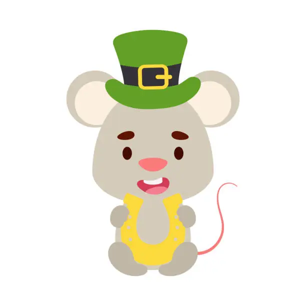 Vector illustration of Cute mouse St. Patrick's Day leprechaun hat holds horseshoe. Irish holiday folklore theme. Cartoon design for cards, decor, shirt, invitation. Vector stock illustration.