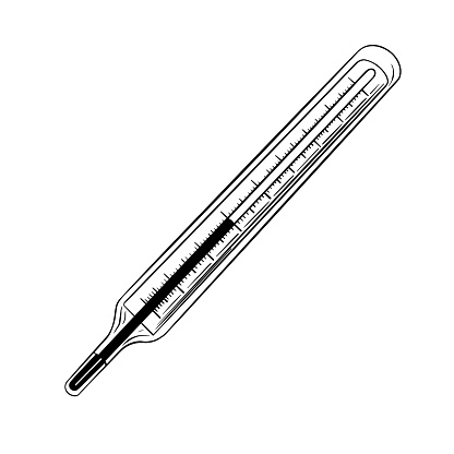 Mercury glass thermometer in sketchy hand drawn style. Medical equipment isolated on white background. Vector illustration.