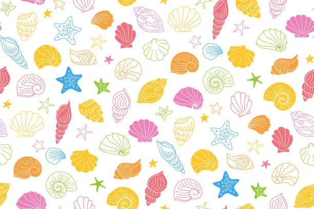 Vector illustration of Seashells doodle multicolor wrapper ocean marine shell seamless pattern scrapbook paper vector