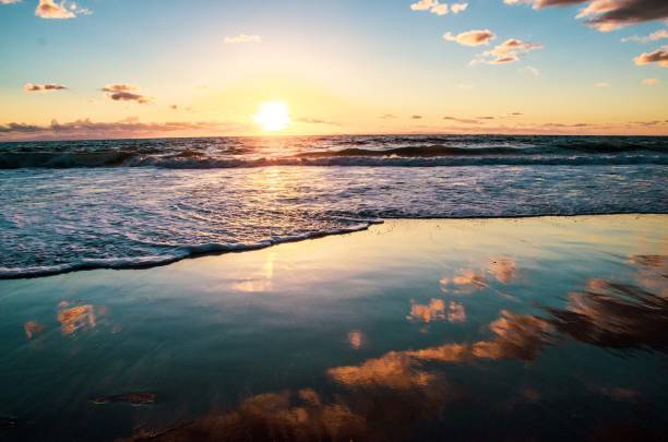 istock Ocean beach reflection of the sunset sky and clouds 1366877396