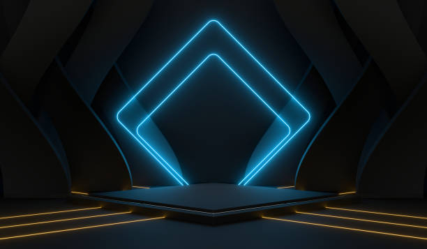 istock Sci Fi Pedestal, Podium, Place For Product. Colored Neon Glow. 3D Rendering Image. 1366879864