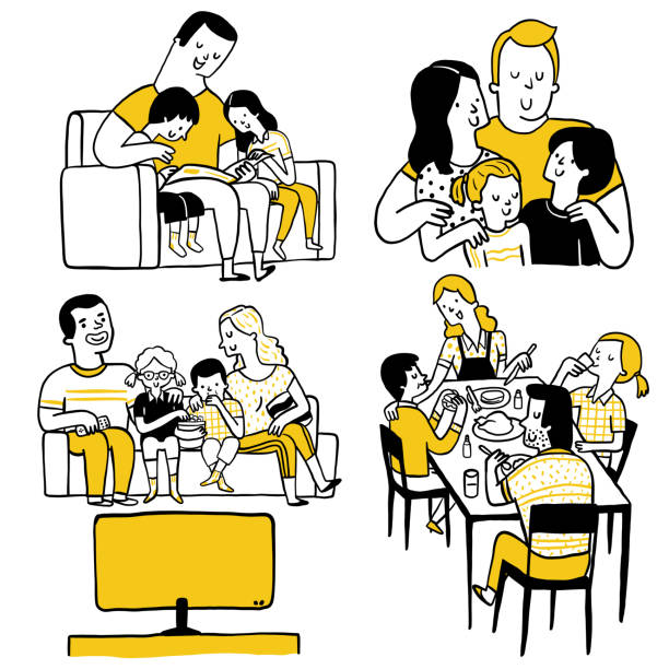 ilustraciones, imágenes clip art, dibujos animados e iconos de stock de actividad familiar togeterness - family sofa vector illustration and painting