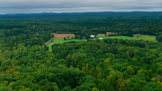 Aerial view of forest and farmland in Randolph County, North Carolina, to the west of the city of Asheboro.